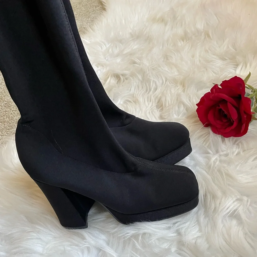 Vintage 90s  Grunge Square Toe stretch fabric/Sock knee-high boots - Picture 6 of 16